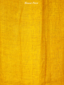 Ivory Blue Orange Printed Handwoven Linen Saree With Zari Border & Tassels - S031704030