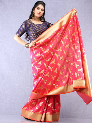 Banarasee Art Silk Saree With Bird Motif - Hot Pink & Gold - S031704344