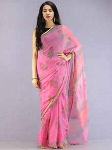 Pink Green Yellow Hand Block Printed Chiffon Saree with Zari Border - S031704618