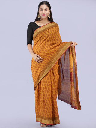 Mustard Red Printed Maheshwari Cotton Saree - S031704269