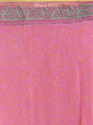 Pink Green Yellow Hand Block Printed Chiffon Saree with Zari Border - S031704618