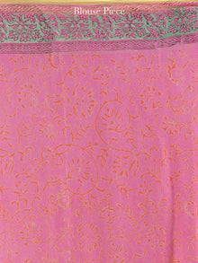 Pink Green Yellow Hand Block Printed Chiffon Saree with Zari Border - S031704618