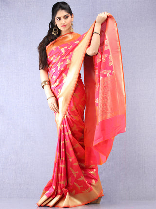 Banarasee Art Silk Saree With Bird Motif - Hot Pink & Gold - S031704344
