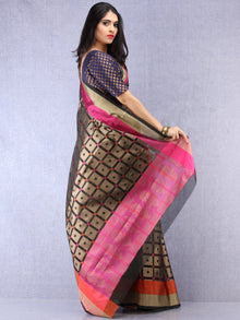 Banarasee Super Net Saree With Zari Border - Black Pink & Antique Gold - S031704441