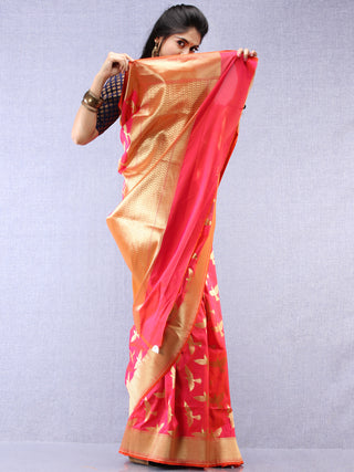 Banarasee Art Silk Saree With Bird Motif - Hot Pink & Gold - S031704344