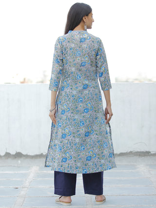 Grey Blue Green Hand Block Printed Cotton Kurta - K174F1905