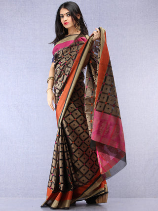 Banarasee Super Net Saree With Zari Border - Black Pink & Antique Gold - S031704441