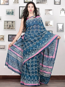 Indigo Pink White Hand Block Printed Cotton Mul Saree With Tassels - S031703017