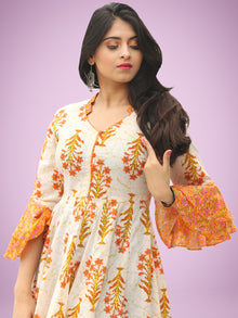 Raima - Orange Ivory Green Block Printed Panel Long Dress - D396F2047