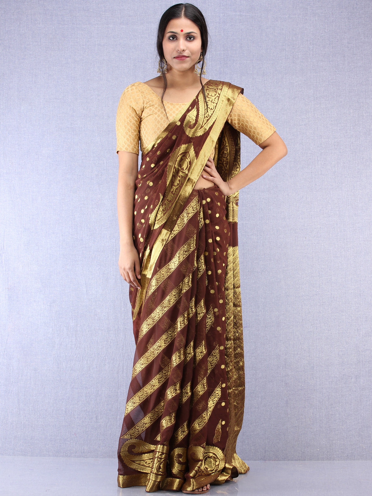 Banarasee Chiffon Saree With Golden Zari Weave - Brown & Gold - S031704357