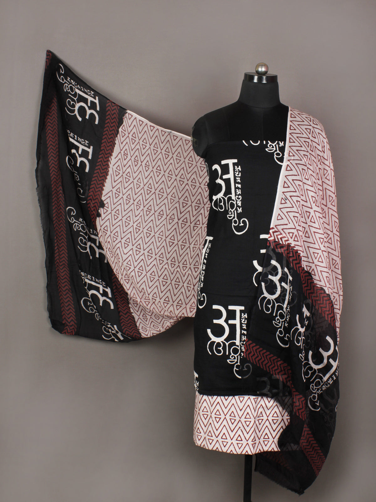 Black White Maroon Ivory Hand Block Printed Cotton Suit-Salwar & Dupatta - S1628190