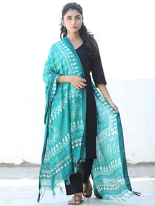 Teal Green Ivory Cotton Hand Block Printed Dupatta  - D04170472