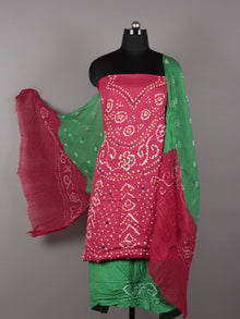 Pink Green White Hand Tie & Dye Bandhej Suit Salwar Dupatta (Set of 3) With Hand Embroidery & Mirror Work - S16281243