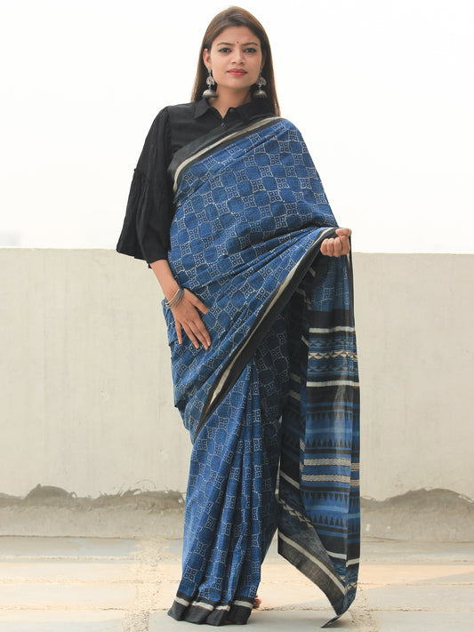 Indigo Black Ivory Hand Block Printed  Cotton Mul Saree - S031704100