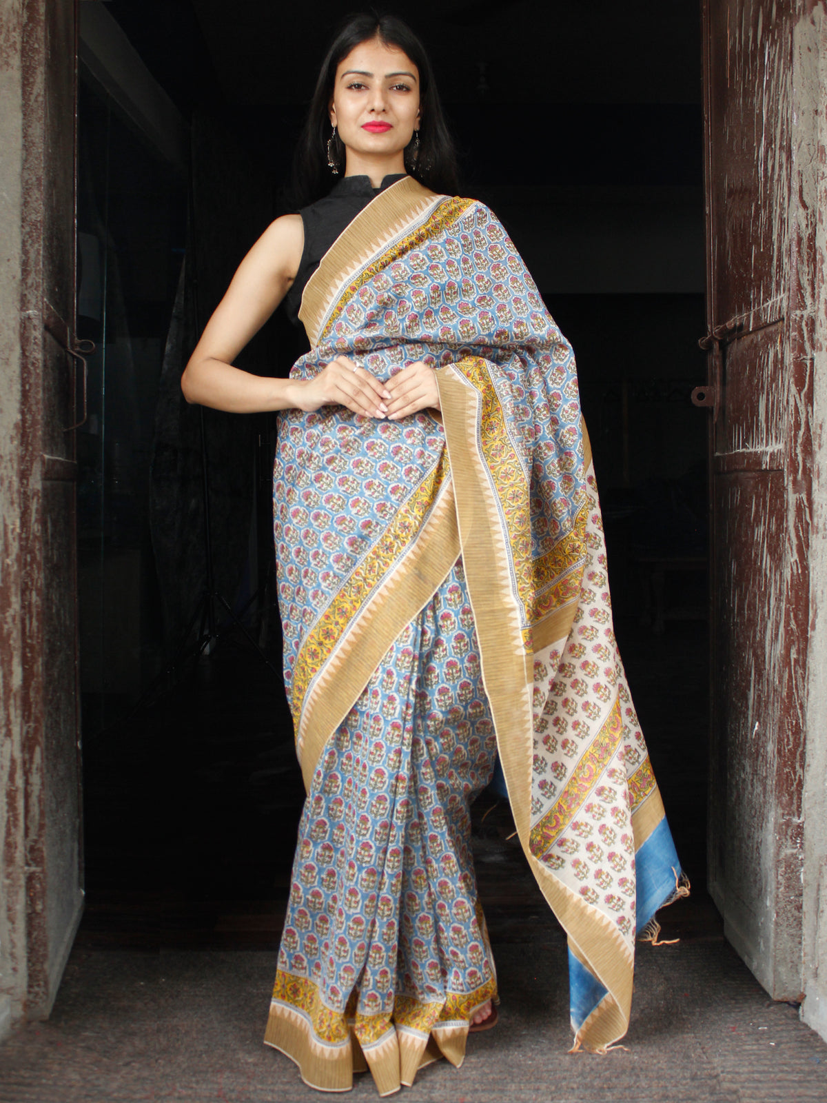 Blue Mustard Ivory Chanderi Silk Hand Block Printed Saree With Geecha Border - S031703983