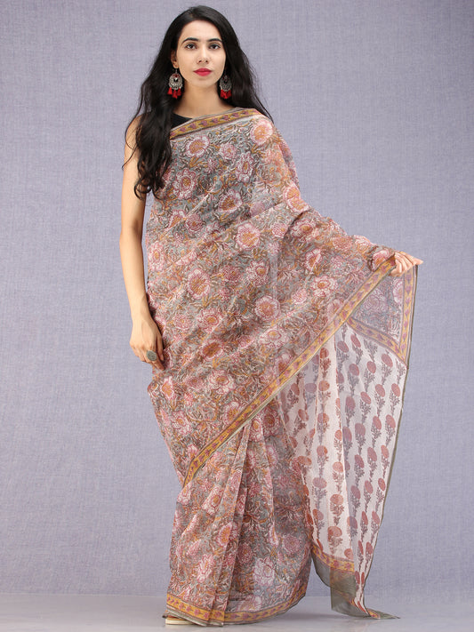 Grey Maroon Mustard Hand Block Printed Kota Doria Saree - S031704585