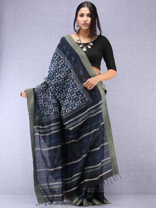 Indigo Ivory Hand Block Printed Chanderi Saree With Geecha Border - S031704506