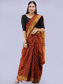 Maroon Mustard Bagh Printed Maheshwari Cotton Saree - S031704237