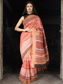 Rosewood Ivory Chanderi Silk Hand Block Printed Saree With Geecha Border - S031704001