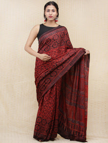 Crimson Red Black Ajrakh Hand Block Printed Modal Silk Saree - S031704152