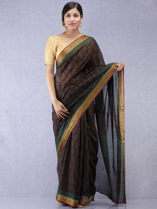 Bottle Green Black Bagh Printed Maheshwari Cotton Saree - S031704398