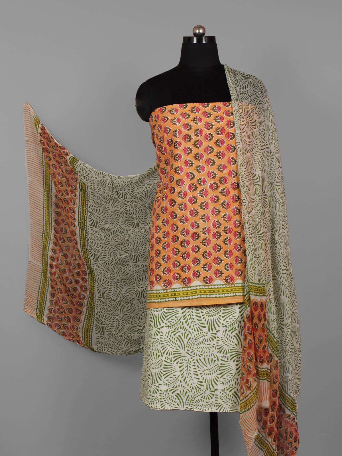 Peach Ivory Olive Green Hand Block Printed Cotton Suit-Salwar Fabric With Chiffon Dupatta (Set of 3) - S16281279