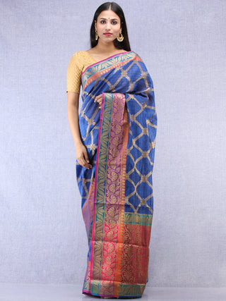 Banarasee Cotton Silk Saree With Zari Work - Electric Blue Pink & Gold - S031704381