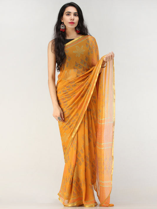 Orange Green Hand Block Printed Chiffon Saree with Zari Border - S031704555
