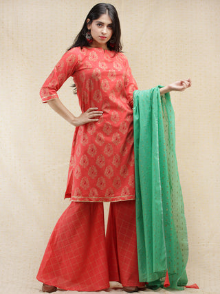 Samrina - Peach Gold Printed Kurta Sharara Set With Dupatta - SS02F1995