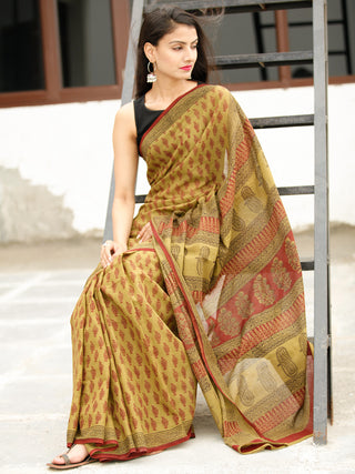Olive Green Maroon Black Bagh Hand Block Printed Cotton Saree - S031703819