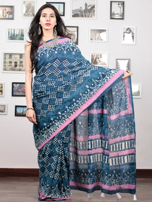 Indigo Pink White Hand Block Printed Cotton Mul Saree With Tassels - S031703017