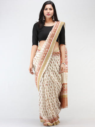 White Rosewood Green Chanderi Hand Block Printed Saree With Geecha Border - S031704457