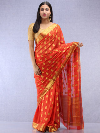 Banarasee Chiffon Saree With Golden Zari Weave - Coral & Gold - S031704402