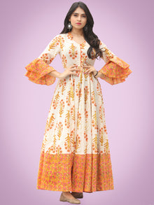 Raima - Orange Ivory Green Block Printed Panel Long Dress - D396F2047