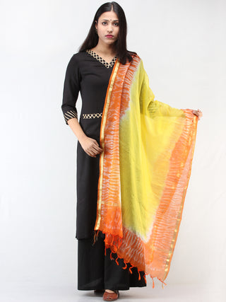 Kota Doria Tie & Die Dupatta  With Zari Border - Yellow & Orange - D04170894