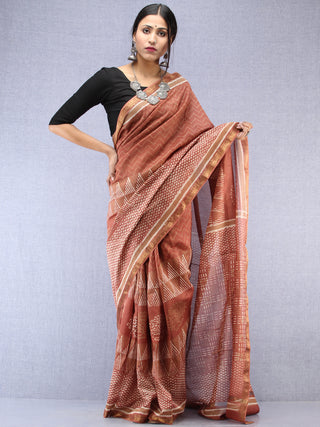 Light Brown Ivory Maheshwari Silk Hand Block Printed Saree With Zari Border - S031704481