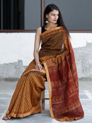 Rust Orange Maroon Black Bagh Hand Block Printed Maheswari Silk Saree With Resham Border - S031703828