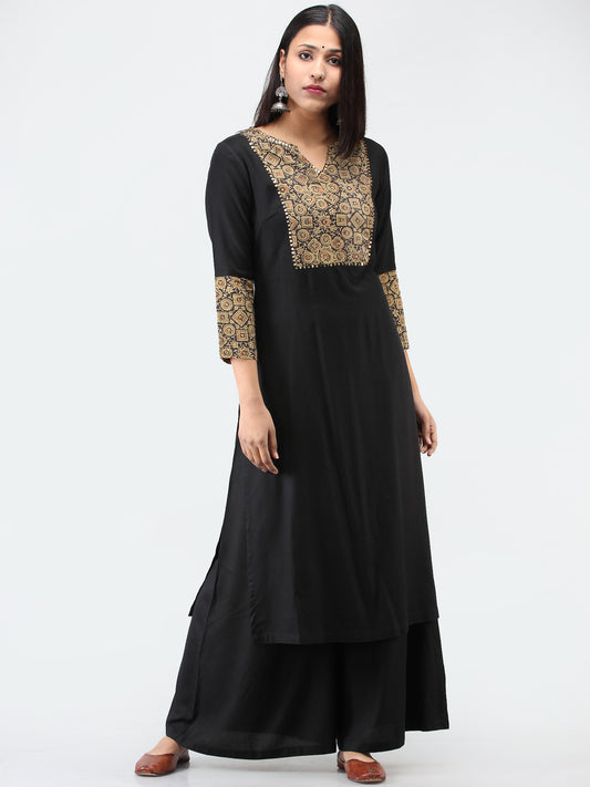 Black Brown Ajrakh  Printed Cotton Kurta With Sequence Work  - K206F1519