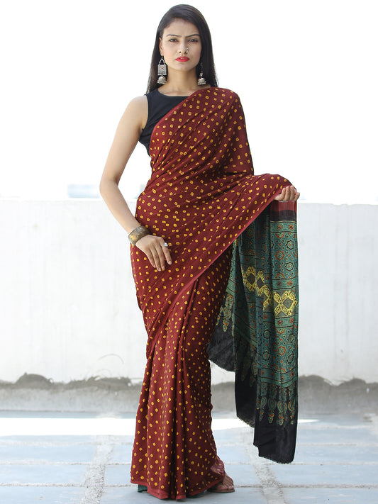 Maroon Yellow Green Bandhej Modal Silk Saree With Ajrakh Printed Pallu & Blouse - S031703873