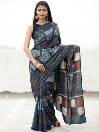 Indigo Ivory Maroon Black Ajrakh Hand Block Printed Cotton Saree in Natural Colors - S031703808