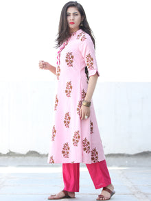 Pink Coral Brown Cotton Block Printed Kurta & Pants - Set of 2 - SS01F048