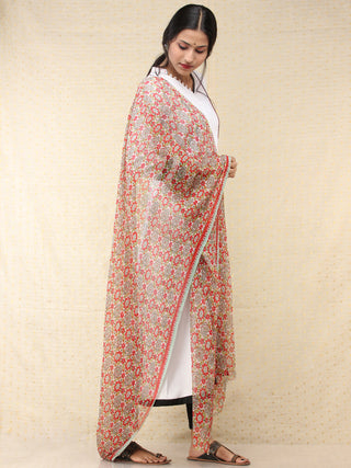 Green Red White Georgette Hand Block Printed Dupatta  - D04170689