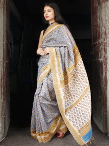 Blue Mustard Ivory Chanderi Silk Hand Block Printed Saree With Geecha Border - S031703983