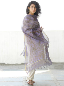 Purple Grey Kota Silk Hand Block Printed Dupatta - D04170535