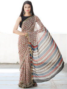 Ivory Red Blue Black Hand Block Printed Chiffon Saree with Zari Border - S031703913