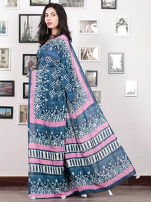Indigo Pink White Hand Block Printed Cotton Mul Saree With Tassels - S031703017