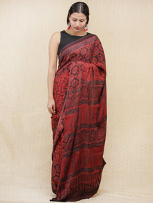Crimson Red Black Ajrakh Hand Block Printed Modal Silk Saree - S031704152