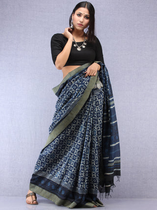 Indigo Ivory Hand Block Printed Chanderi Saree With Geecha Border - S031704506