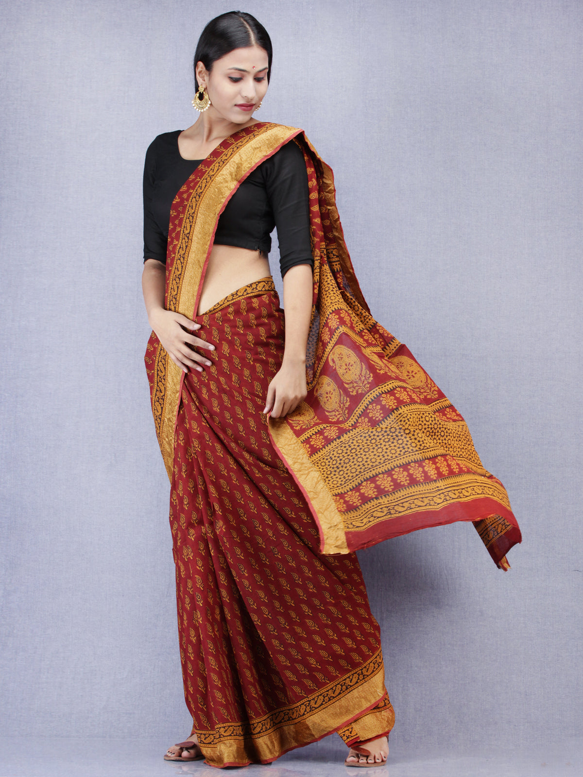 Maroon Rust Orange Black Bagh Printed Maheshwari Cotton Saree - S031704171