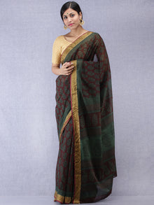 Bottle Green Black Bagh Printed Maheshwari Cotton Saree - S031704398